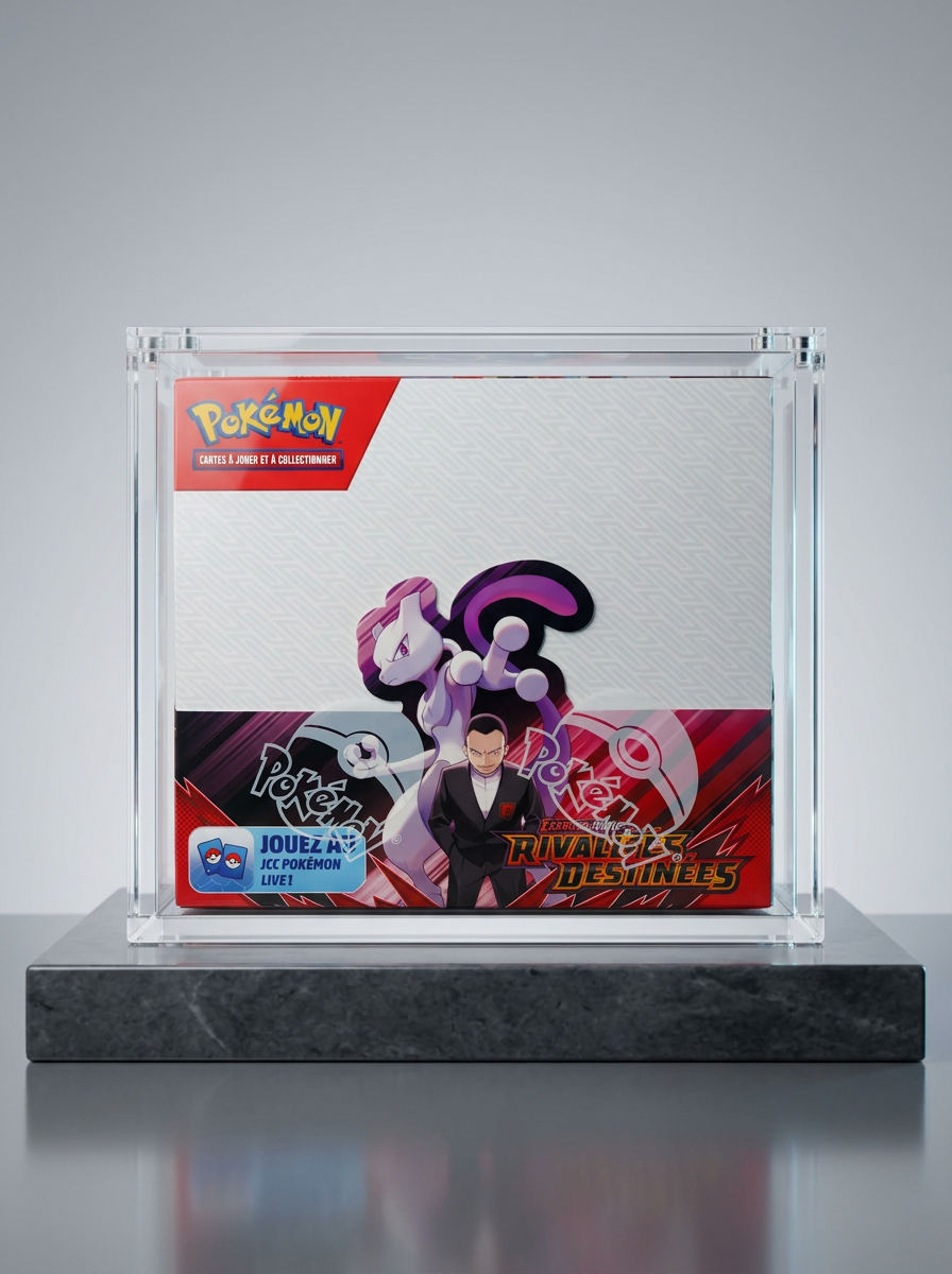 Boîtier de protection acrylique ShieldVault pour display Pokémon, dimensions intérieures 140 × 79 × 126 mm