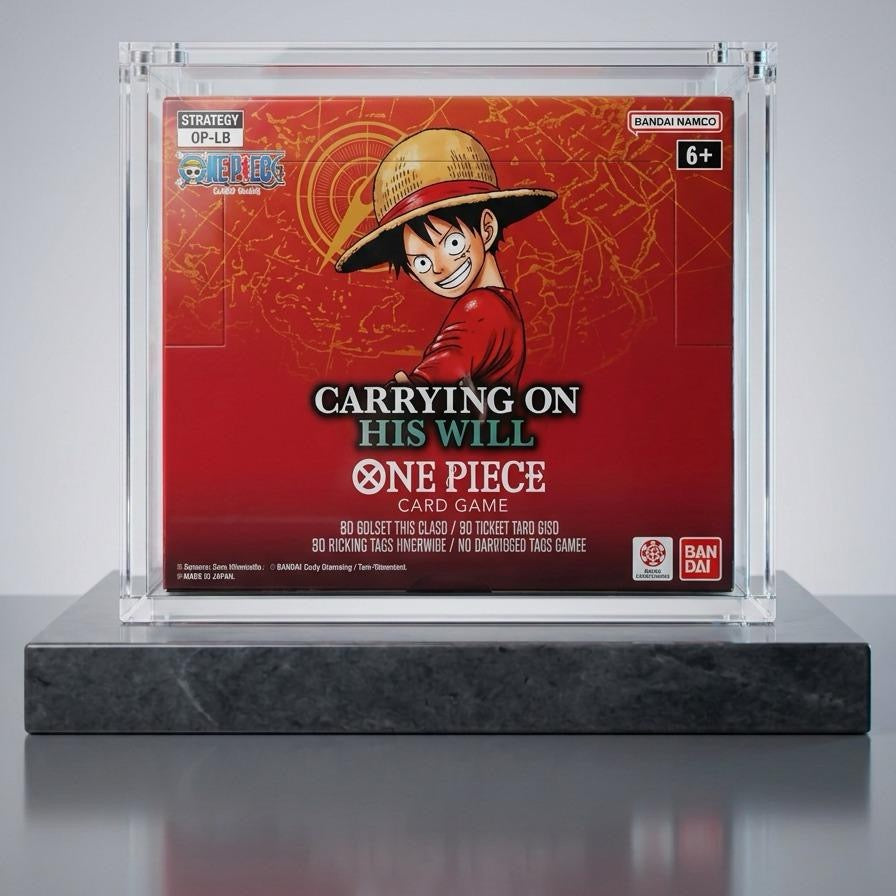 Display One Piece présenté dans un boîtier acrylique transparent ShieldVault sur un socle sombre