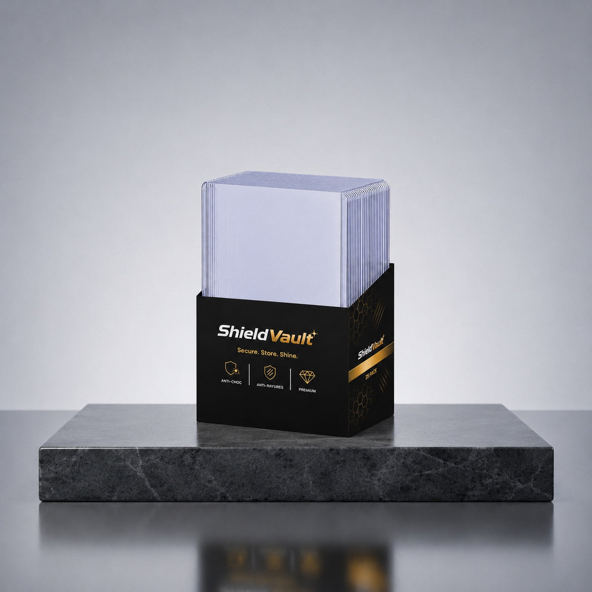 Paquet de 25 toploaders transparents ShieldVault 35PT pour cartes Pokémon et TCG, présenté sur un socle sombre